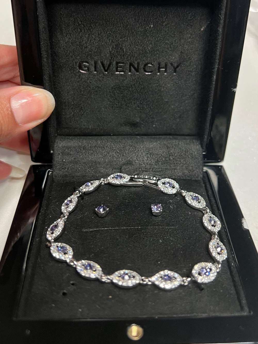 Givenchy Silver Bracelet with Light Purple /bluish Stones and Matching Studs